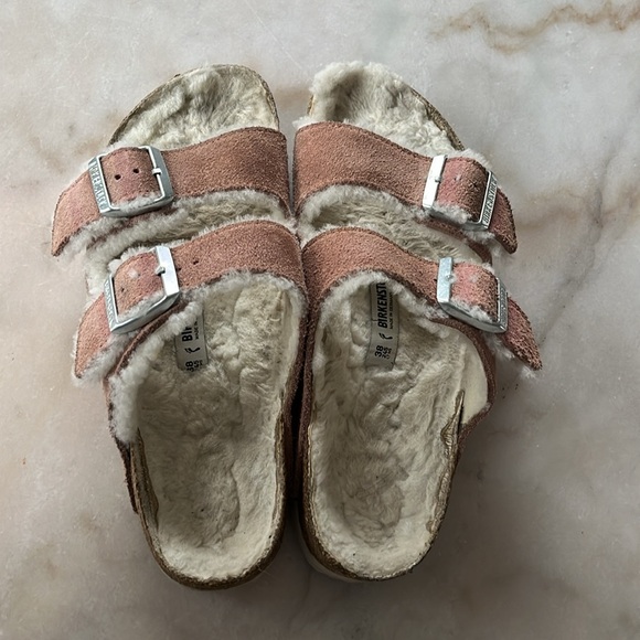 Arizona Shearling Suede Leather Pink Clay Double Strap Sandals 7US 38EU - Picture 7 of 17
